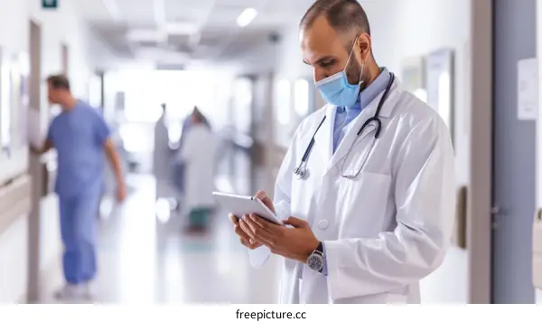 Doctor wearing a mask while using a tablet in a hospital hallway
