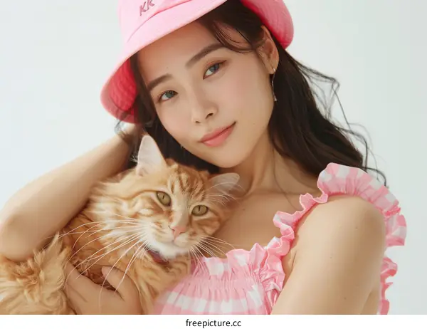 A woman is posing with a cat
