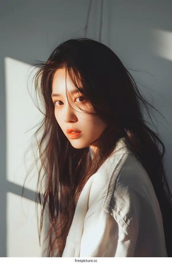 Beautiful Young Woman with Long Brown Hair and White Shirt in Sunlight