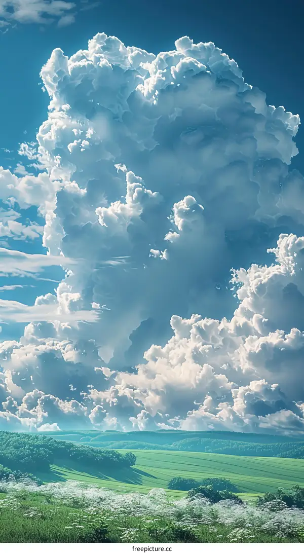 Panoramic view of a green grassland under a cloudy sky