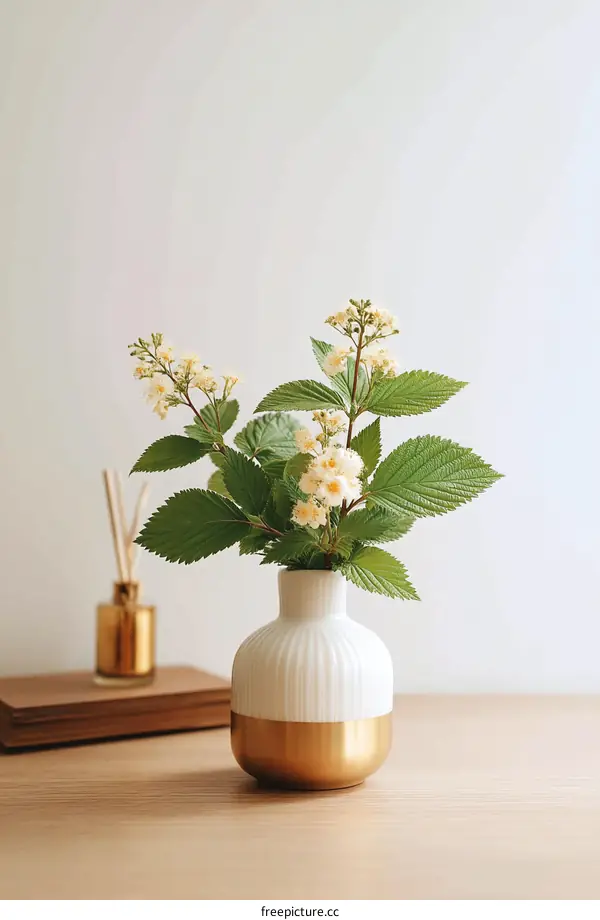 Elegant White and Gold Vase with Blossoms