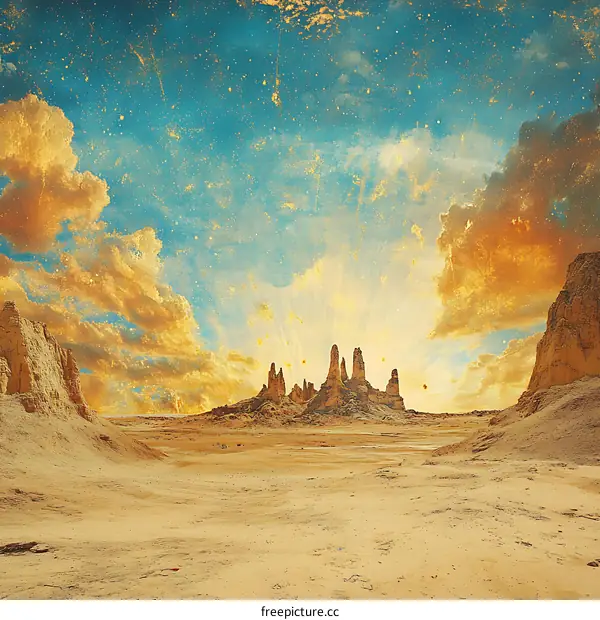 Desert Landscape with Sunset and Stars
