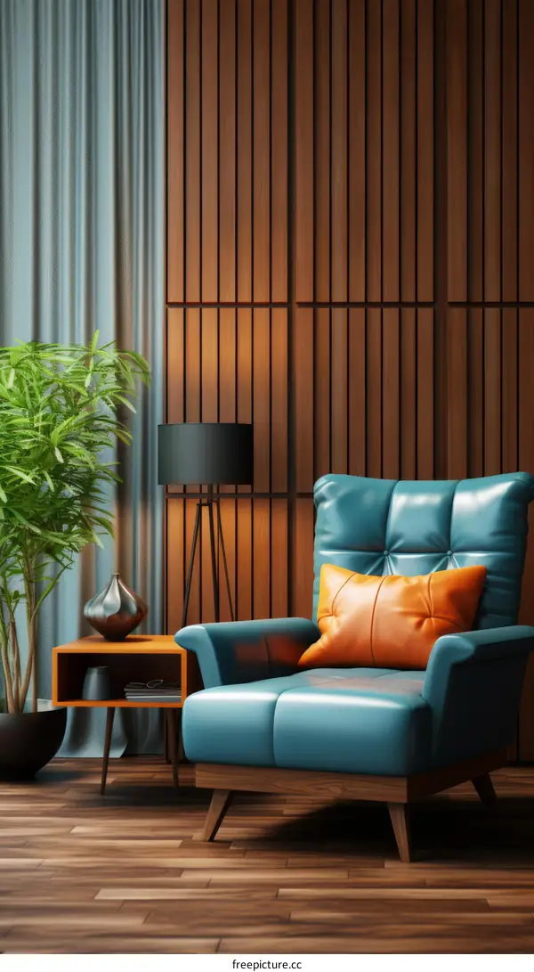 Blue retro armchair in a room with wooden wall panels