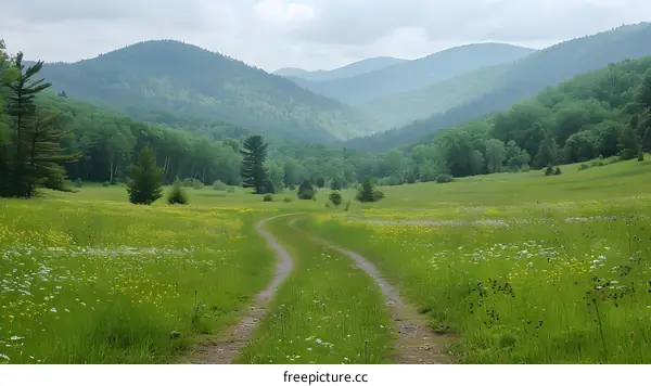 Winding dirt road through a meadow in the mountains