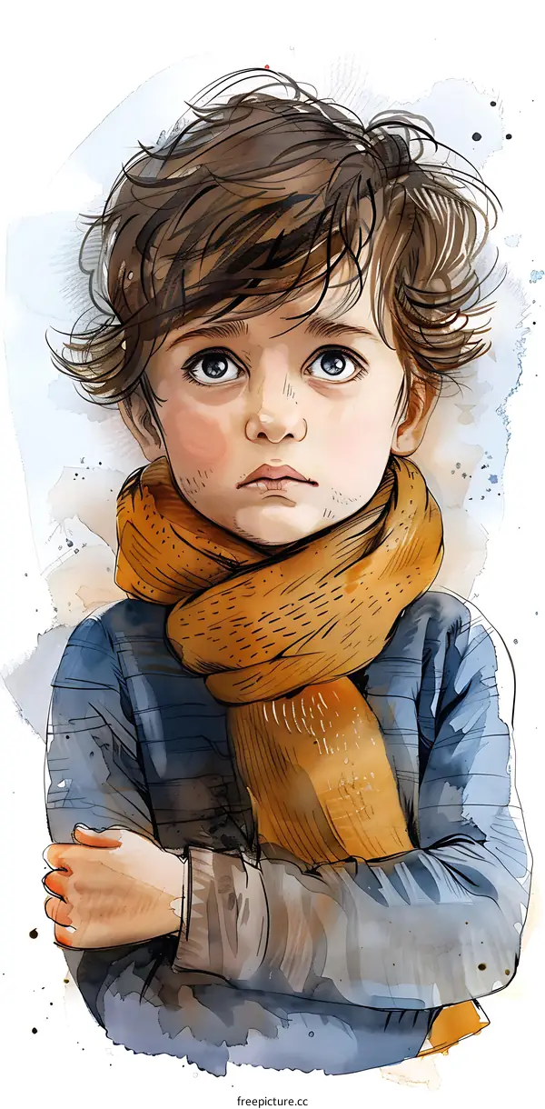 portrait of a boy with brown hair and blue eyes wearing a yellow scarf