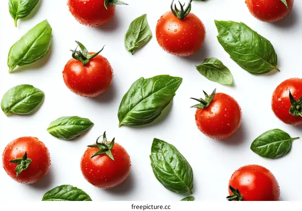 Fresh Ripe Tomatoes and Basil Leaves Pattern