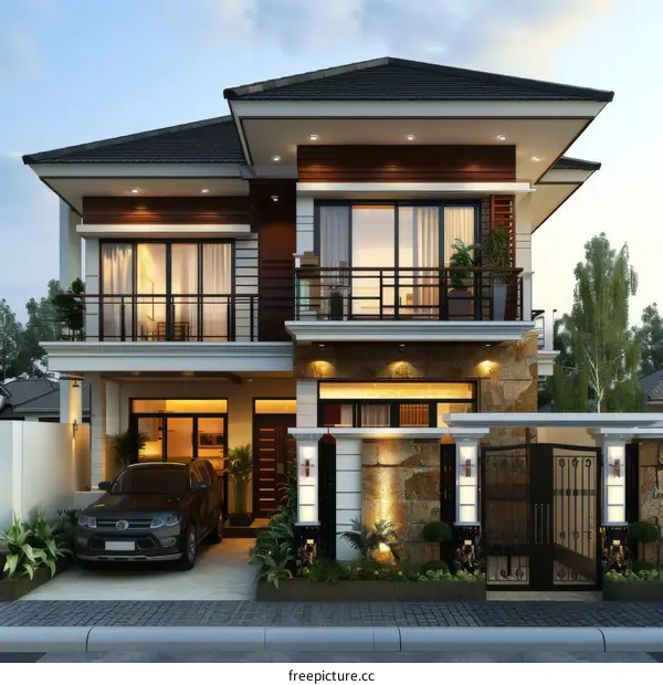 Modern two storey house with flat roof and large windows