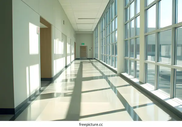 Empty Hallway With Large Windows And Sunbeams
