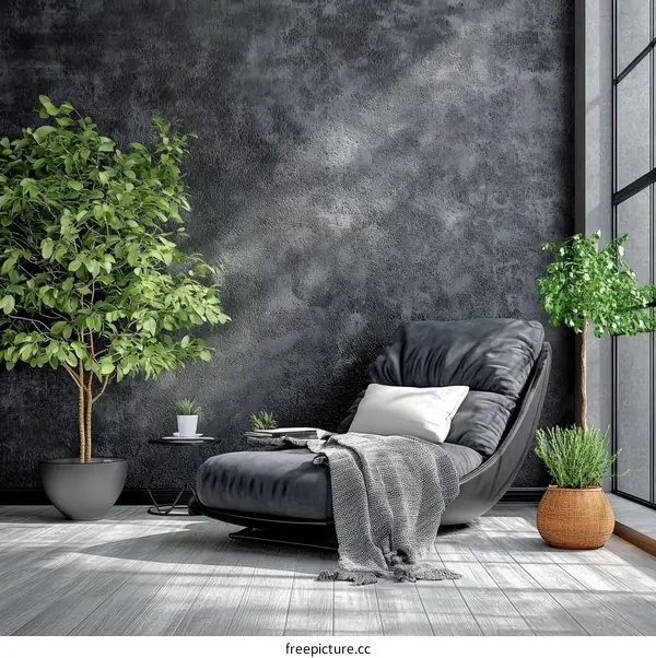Modern Lounge Chair in a Dark Room with Plants