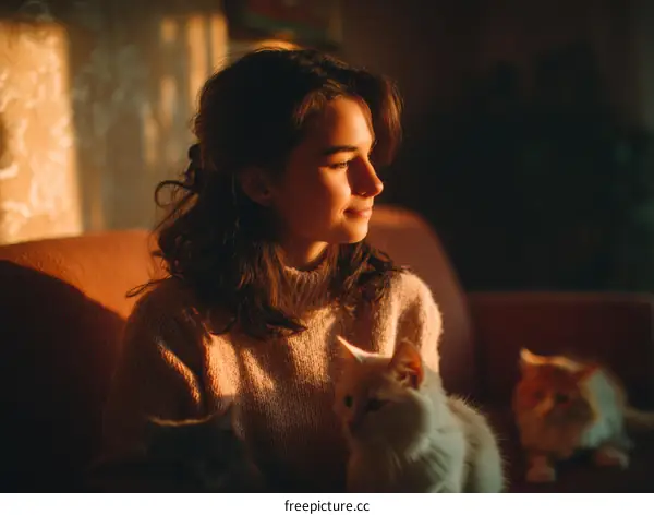 Woman with Cats in Warm Sunlight