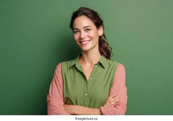 Smiling Woman Portrait Against Green Background
