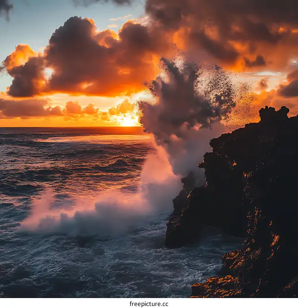 Dramatic Sunset Over Ocean with Crashing Waves and Rocky Cliffs