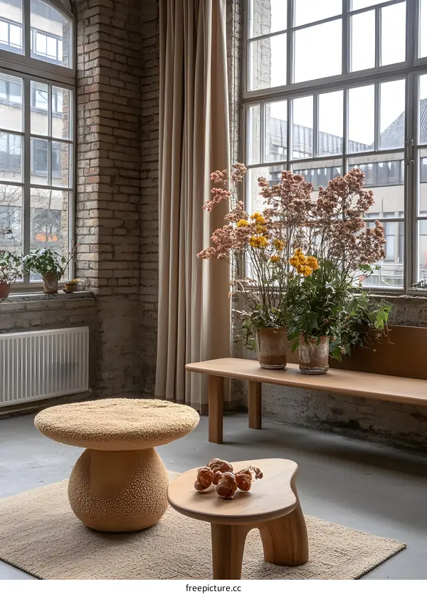 Modern Interior Design with Wooden Furniture and Dried Flowers in a Rustic Loft Space