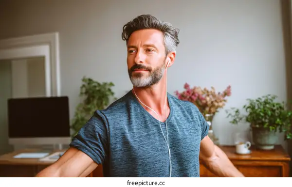 Mature Caucasian Man Doing Yoga at Home