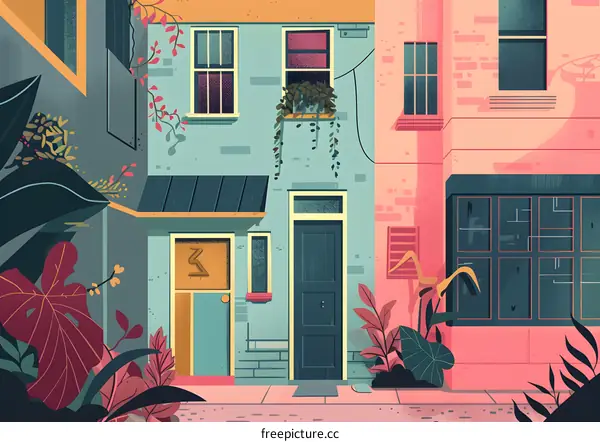 Illustration of Two Houses on a Street with Plants