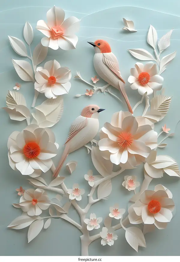 birds and flowers in papercut style
