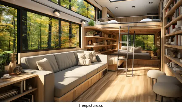 A cozy living space with a couch, coffee table, and bookshelves