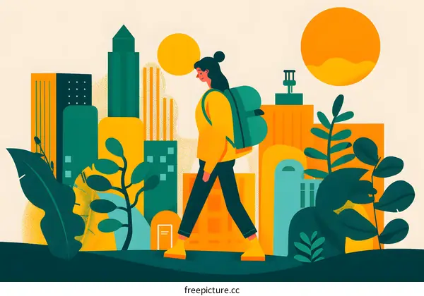 Woman Walking in Cityscape Illustration