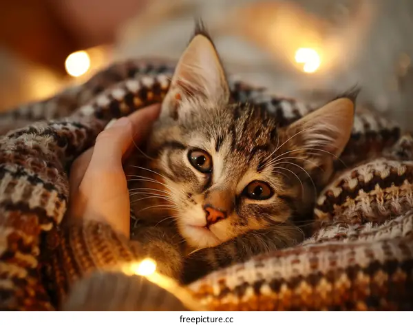 Adorable Tabby Kitten Blankets Up and Looks at Camera