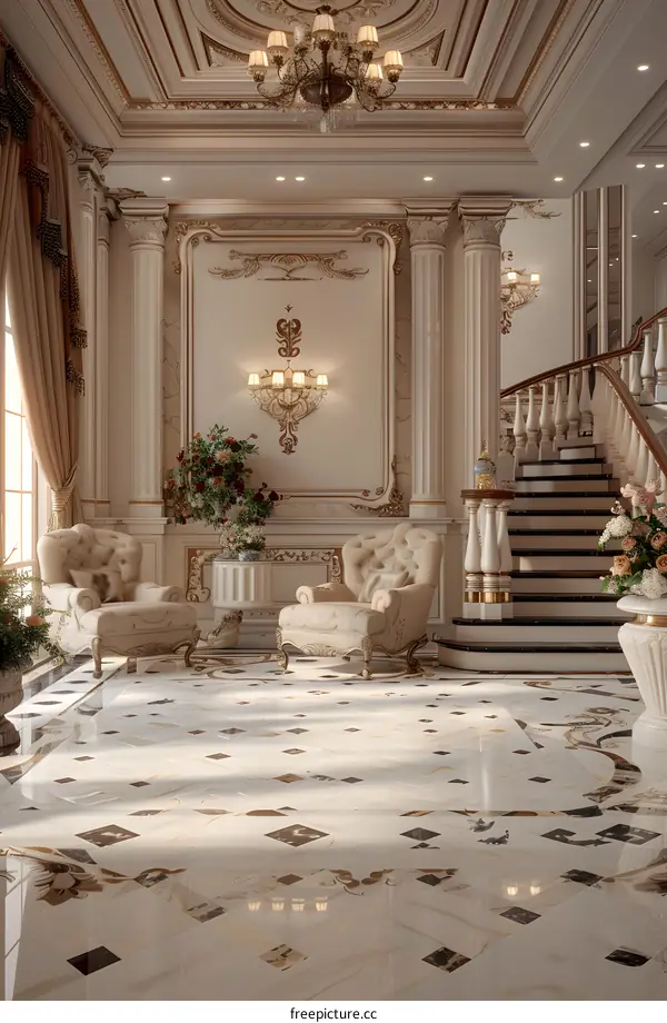 Luxury Interior Design With Marble Floor and Gold Accents