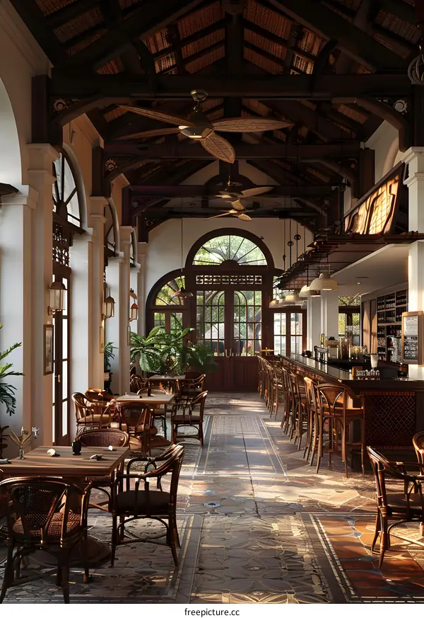 Tropical Bar and Restaurant Interior Design With Wooden Ceiling