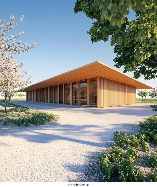 Modern Wooden Building with a Flat Roof and Surrounding Landscaping