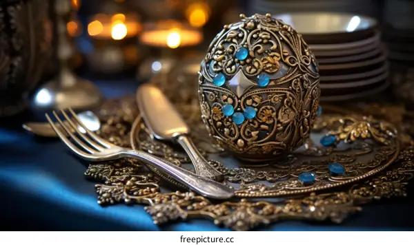 Ornate golden egg with blue宝石s on a blue tablecloth with a silver fork and knife