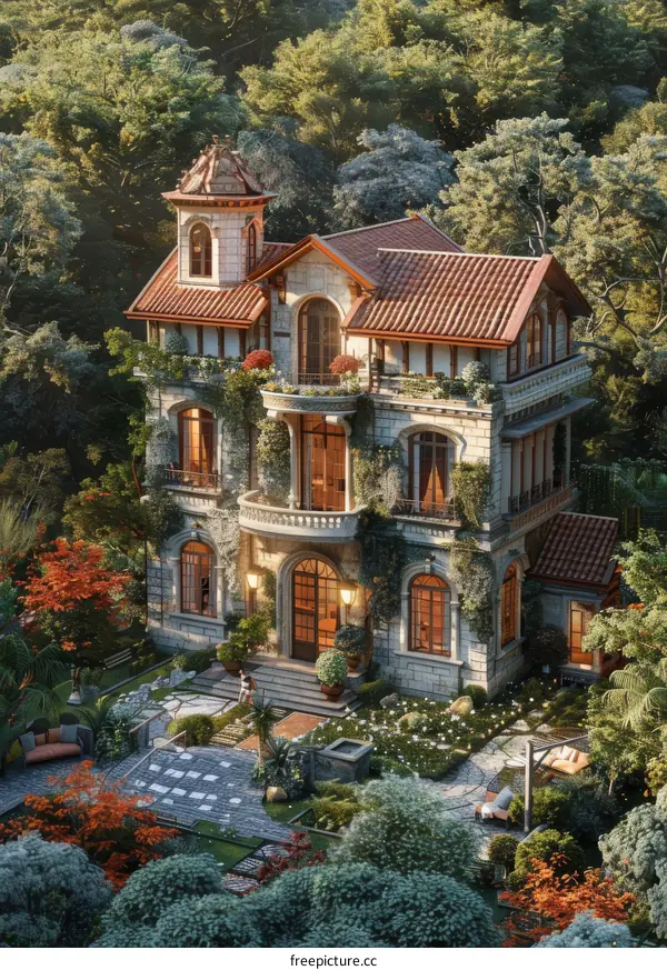 Elegant Mansion with Lush Garden in the Forest