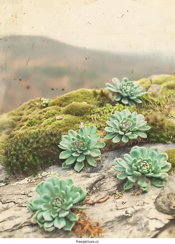 Close Up of Green Succulents on a Mossy Rock