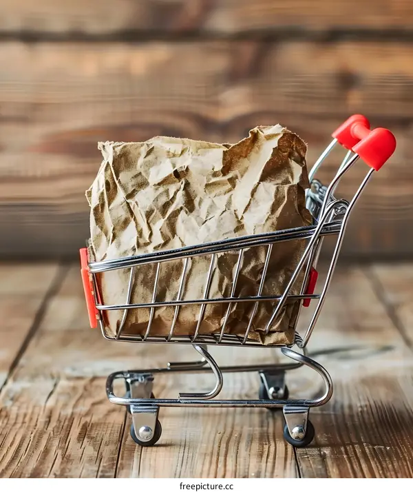 Small Shopping Cart Filled With Crumpled Brown Paper Bag On Wooden Background