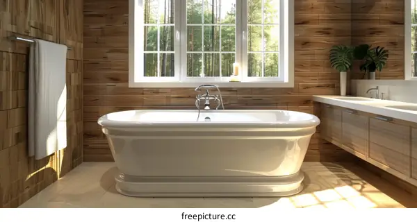 Modern Elegant Wooden-Wall Bathroom with Bathtub