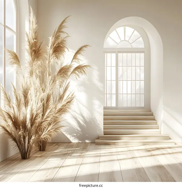 Minimalist Interior Design with Pampas Grass and Wooden Stairs