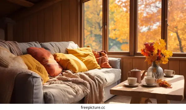 A cozy living room with a view of the fall foliage