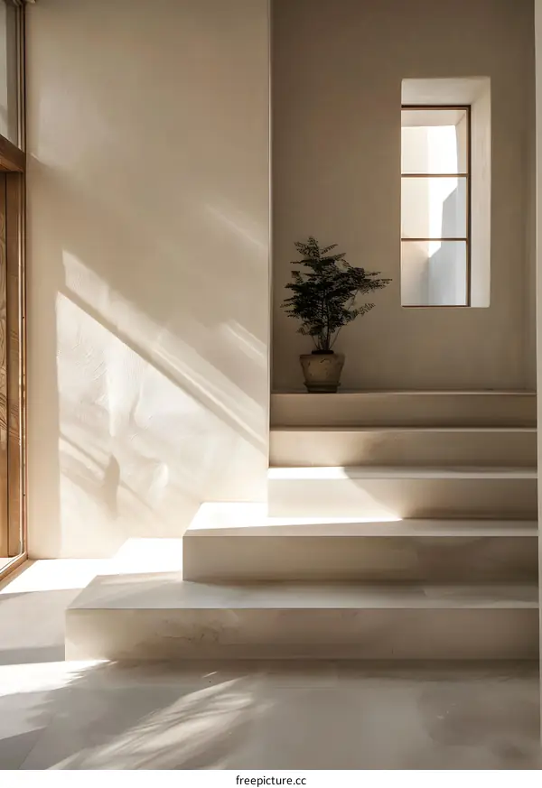 Minimalist Interior Design with Sunlight and Plant on the Staircase