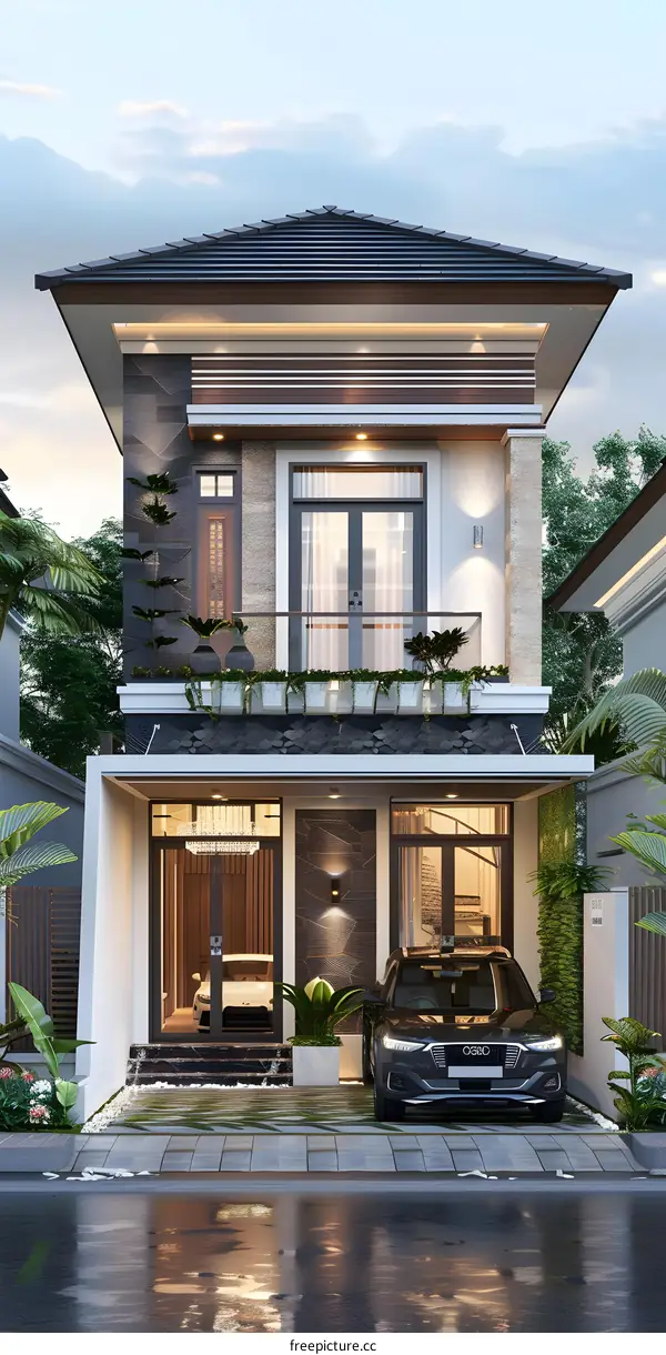 Modern Two Story House With Black Car And Plants