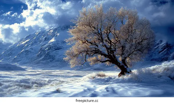 Winter Wonderland Mountain Landscape with Snowy Tree