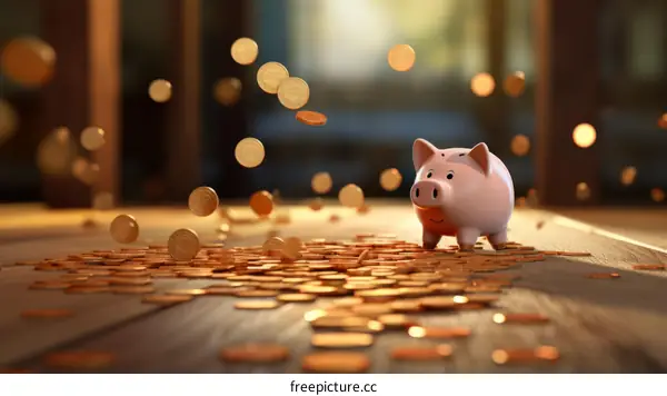 3D rendering of a pink piggy bank with coins falling around it