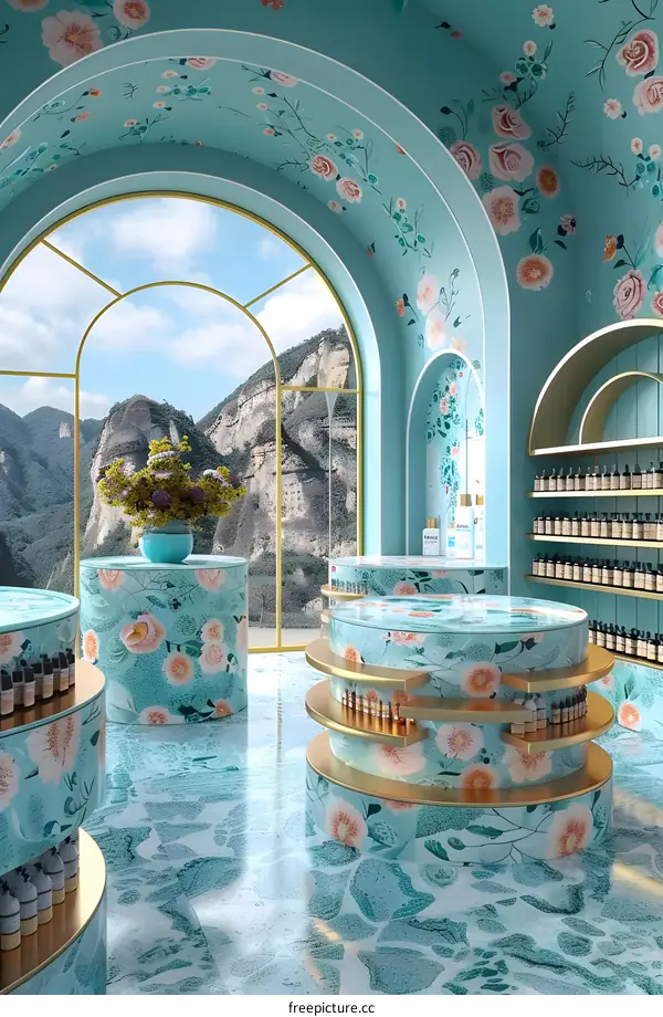 Floral Patterned Shop Interior Design with Arched Windows and Mountain View