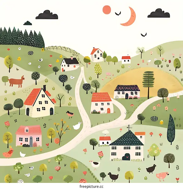 Illustration of a Small Town with Houses, Trees and Birds