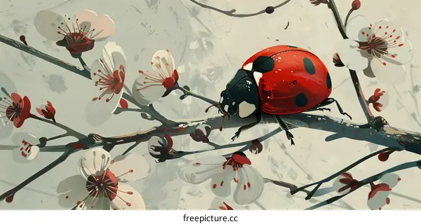 A red ladybug on a branch with white and pink flowers