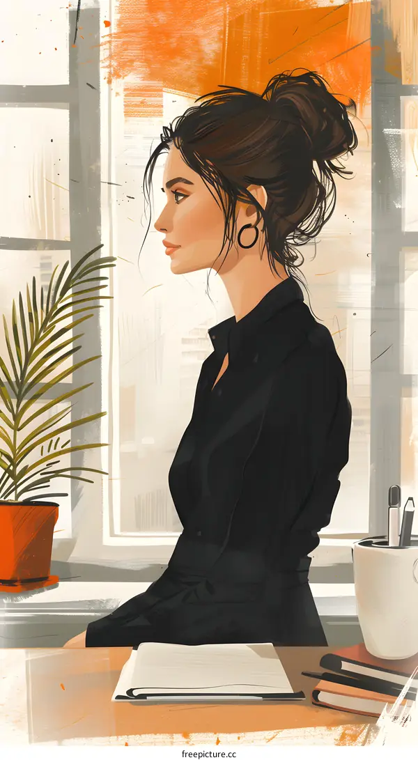 A thoughtful woman sits at her desk looking out the window