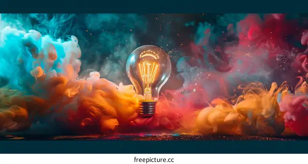 Glowing Lightbulb in a Cloud of Vibrant Colors