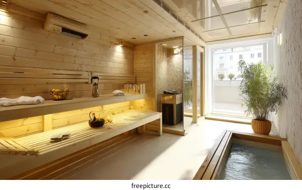 Modern Wooden Sauna with Water Feature