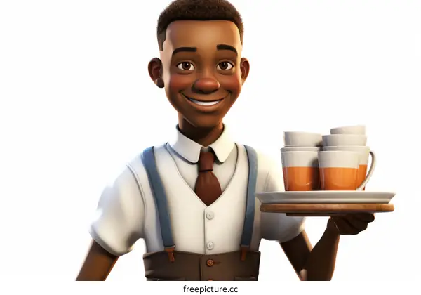Cheerful waiter with a tray of drinks
