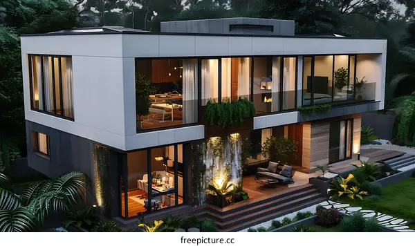 Modern house with terrace and floor-to-ceiling windows