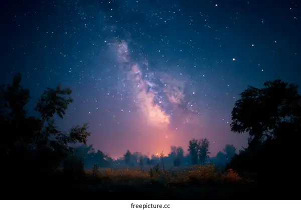 Milky Way over a misty field at night