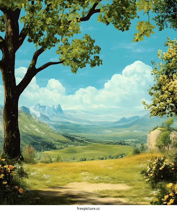 Green Meadow Landscape with Mountain View