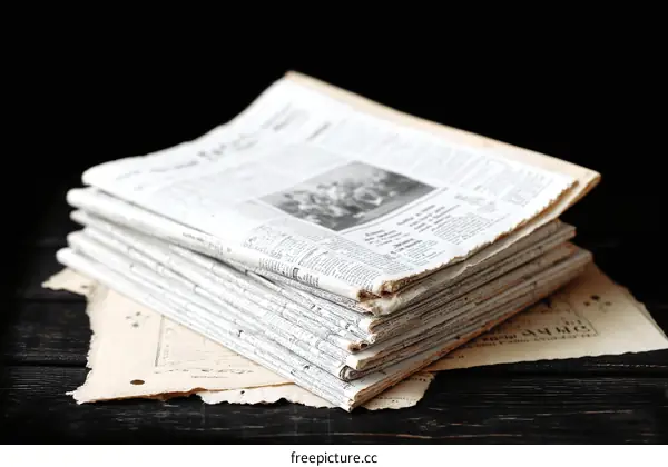 Vintage Newspaper Stack on Wooden Surface
