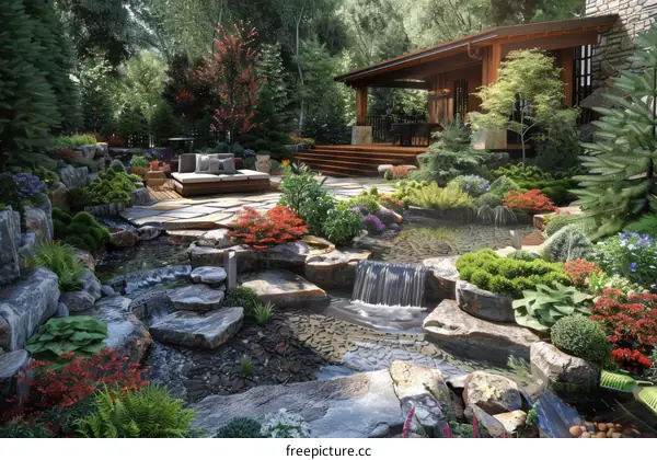 Garden Oasis with Waterfall and Cottage