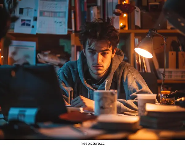 Young male student studying late at night in his room
